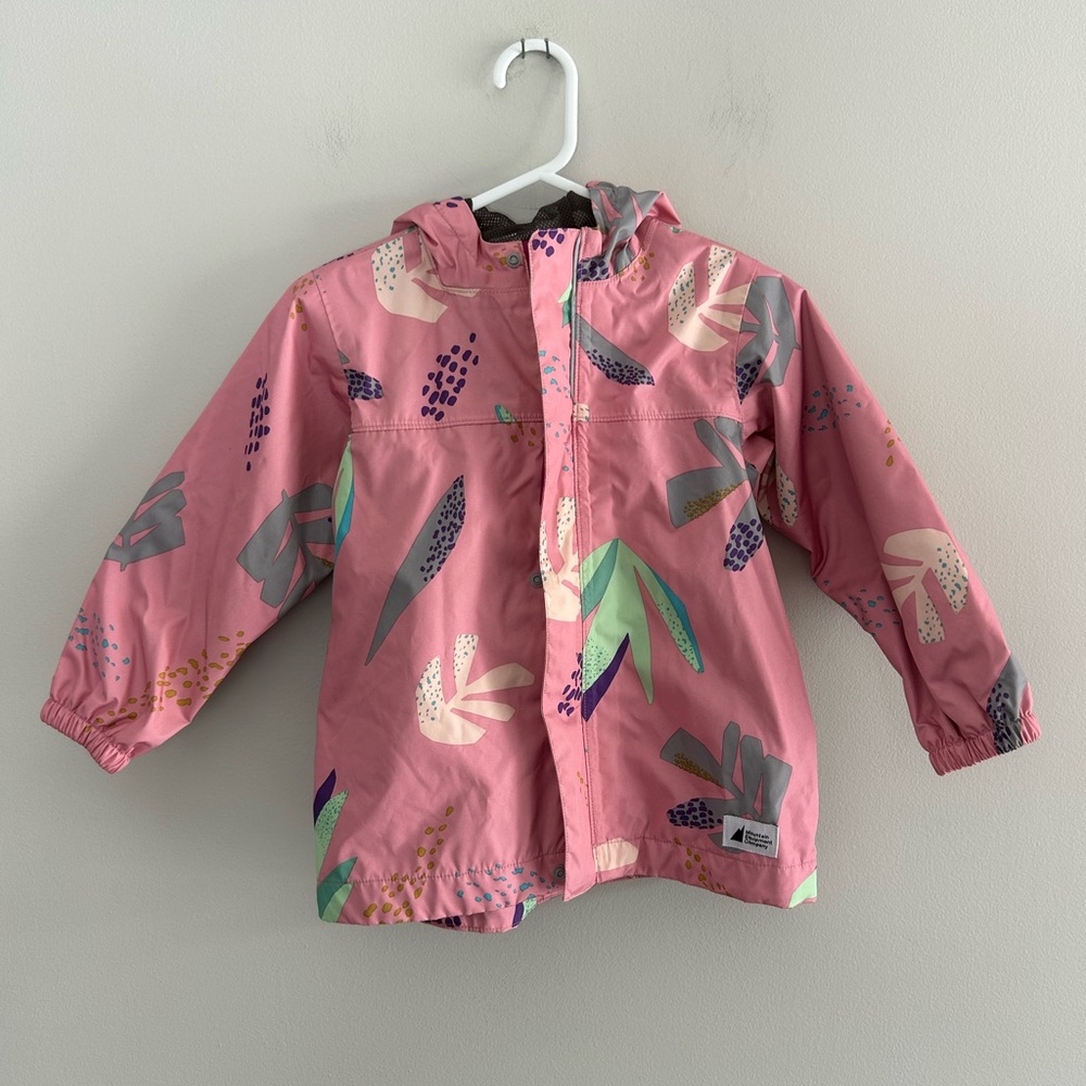 MEC 24m Pink leaf print zip up hooded unlined Rain Jacket